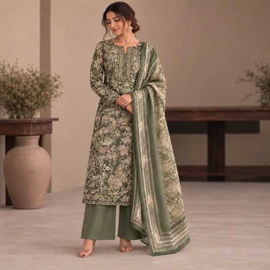 Olive green floral print cotton suit set with rhinestone neck work, matching bottom and lightweight floral dupatta for women by Nityashree.