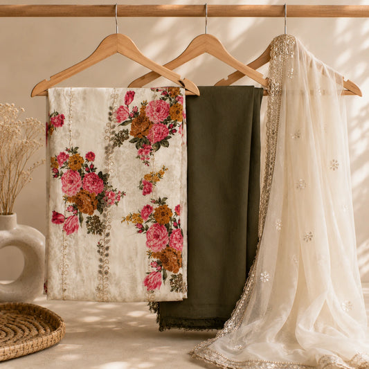 Ivory georgette suit fabric with floral print, intricate embellished detailing and olive green bottom fabric