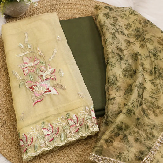 Olive green embroidered organza suit fabric with matching bottom and printed dupatta, premium unstitched suit material