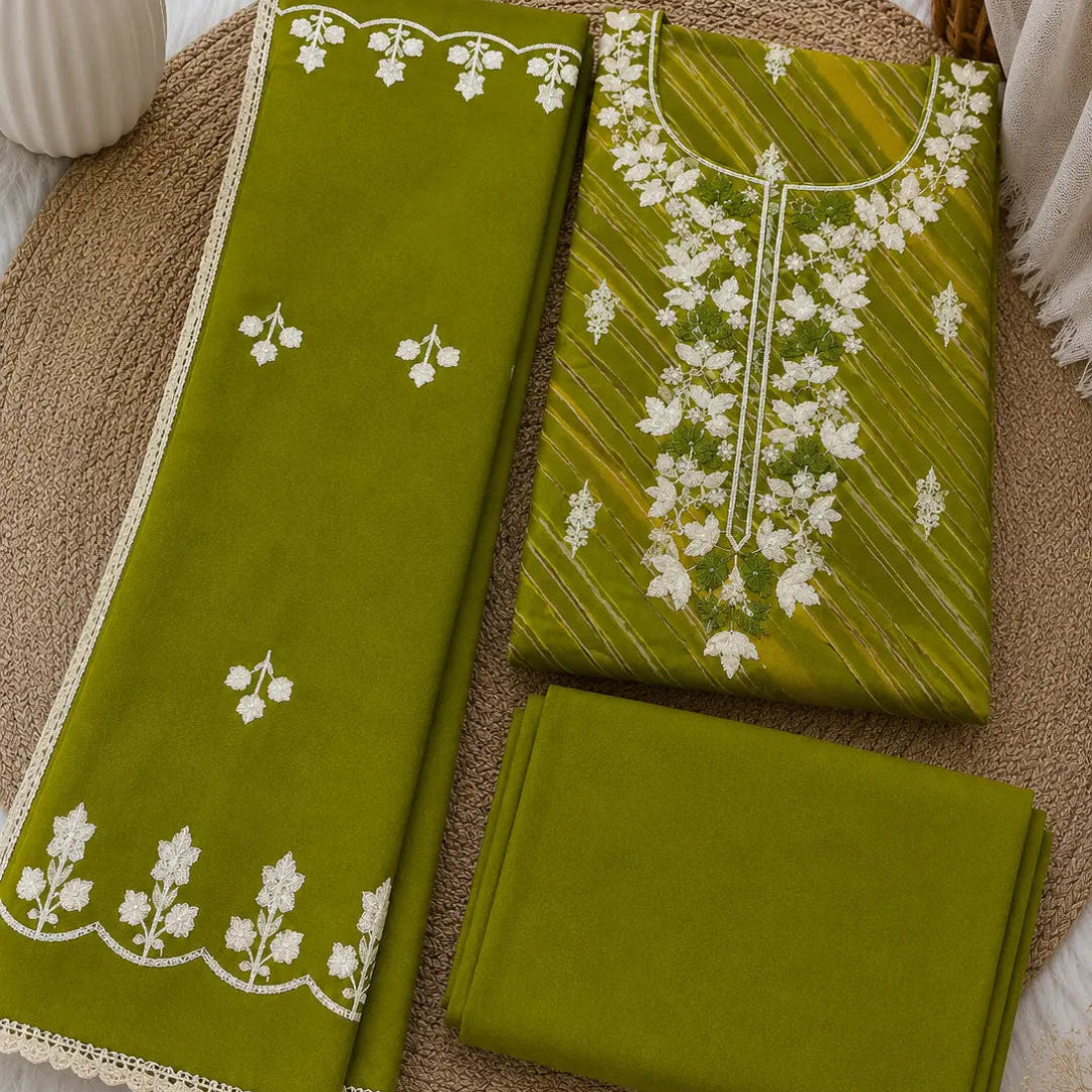 Olive green floral embroidered unstitched suit material, cotton suit fabric with dupatta, ethnic wear for women, new style suit