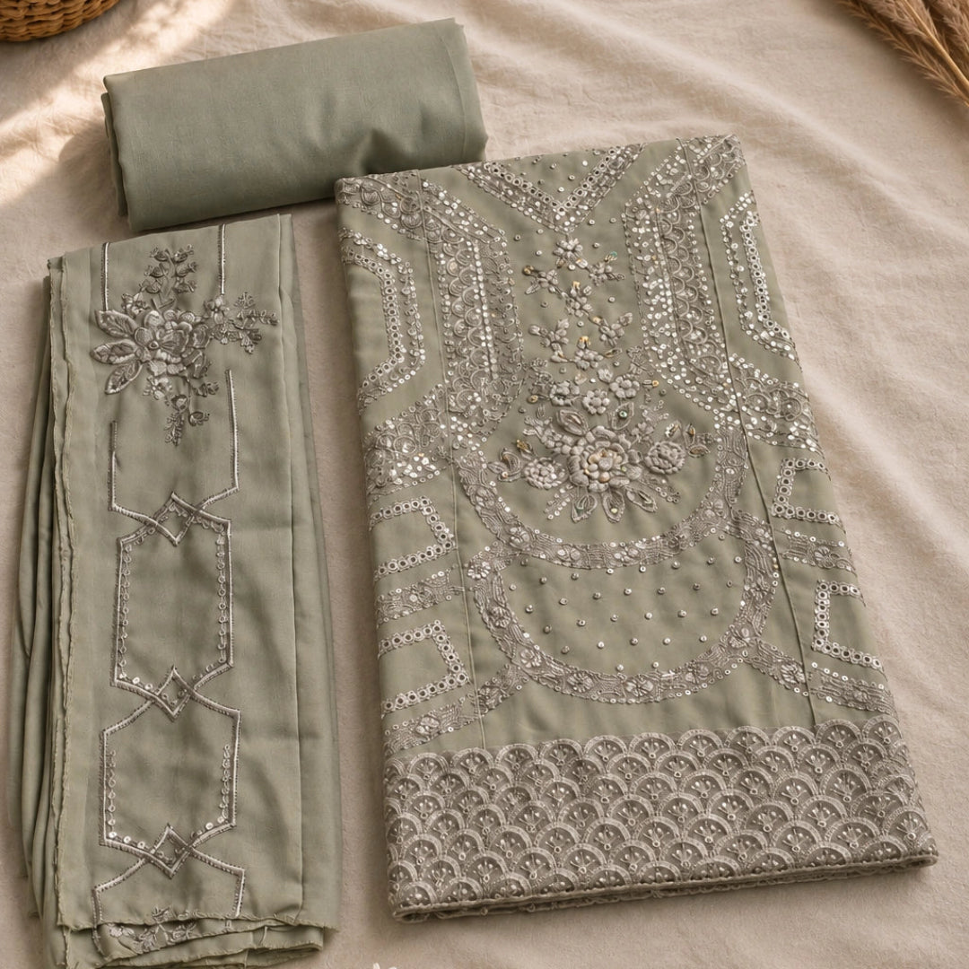 Olive green embroidered cotton suit set with sequin detailing, chiffon dupatta and premium festive wear fabric