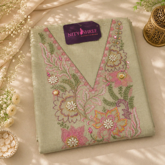 Olive green ethnic suit set with intricate multicoloured thread embroidery, floral dupatta and premium unstitched Mul Chanderi fabric