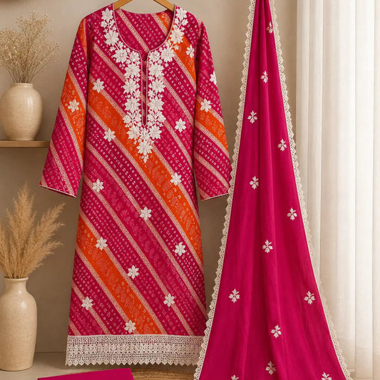 Orange and pink Bandhani suit set with ivory floral embroidery, traditional motifs and premium unstitched suit fabric for women by Nityashree