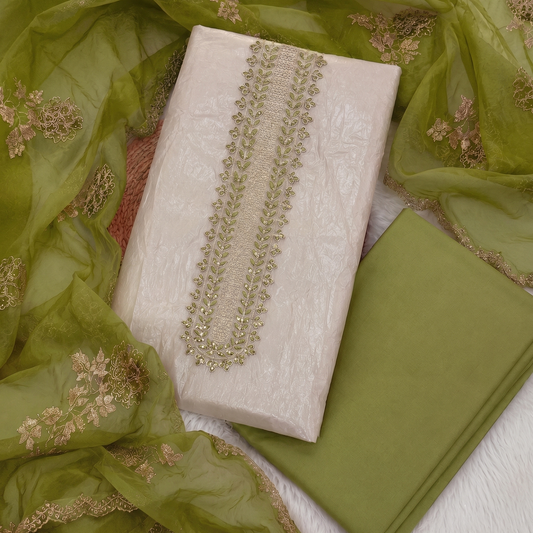 Parrot green antique embroidered crushed tissue suit set with embroidered dupatta, elegant ethnic wear for women