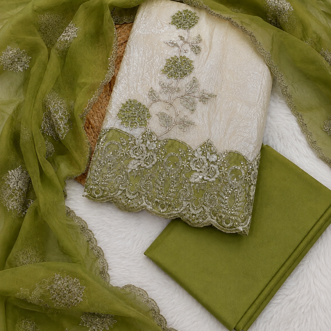 Parrot green thread work tissue suit material with designer dupatta, women suit fabric for festive ethnic wear