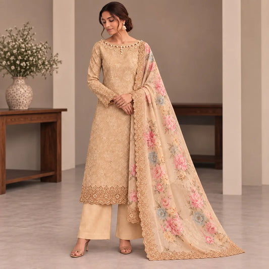 Pastel bloom heavily embroidered suit set with intricate embroidery, floral printed dupatta in pink blue and peach shades and premium unstitched suit fabric for women by Nityashree