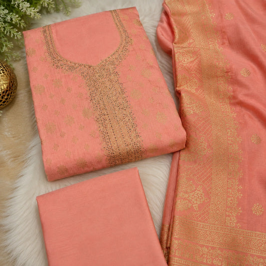 Women's coral peach unstitched suit set with sequin embellishments and woven dupatta