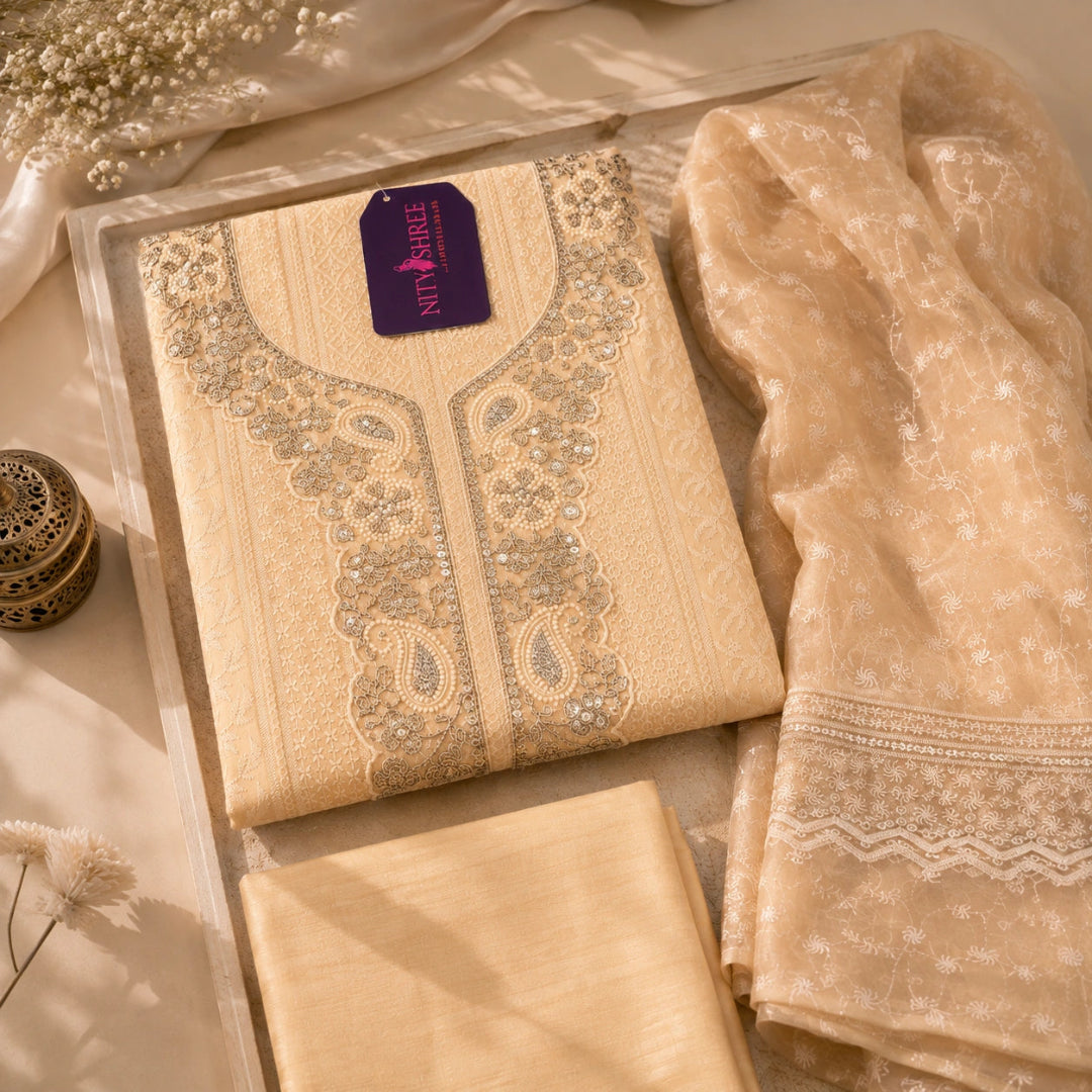 Peach beige embroidered suit fabric with Chikankari-inspired floral motifs, zari detailing