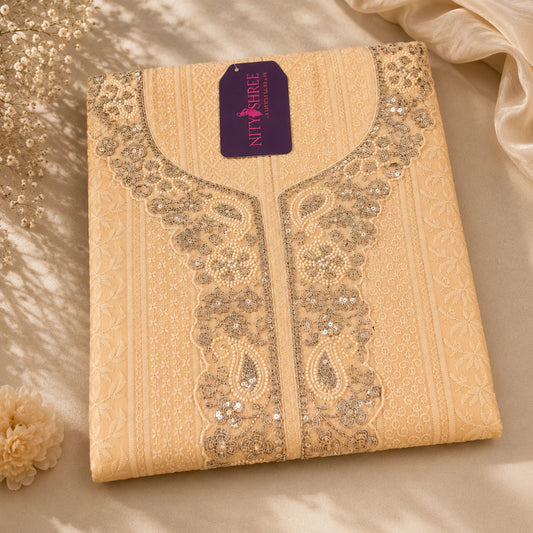 Peach beige embroidered suit fabric with Chikankari-inspired floral motifs, zari detailing