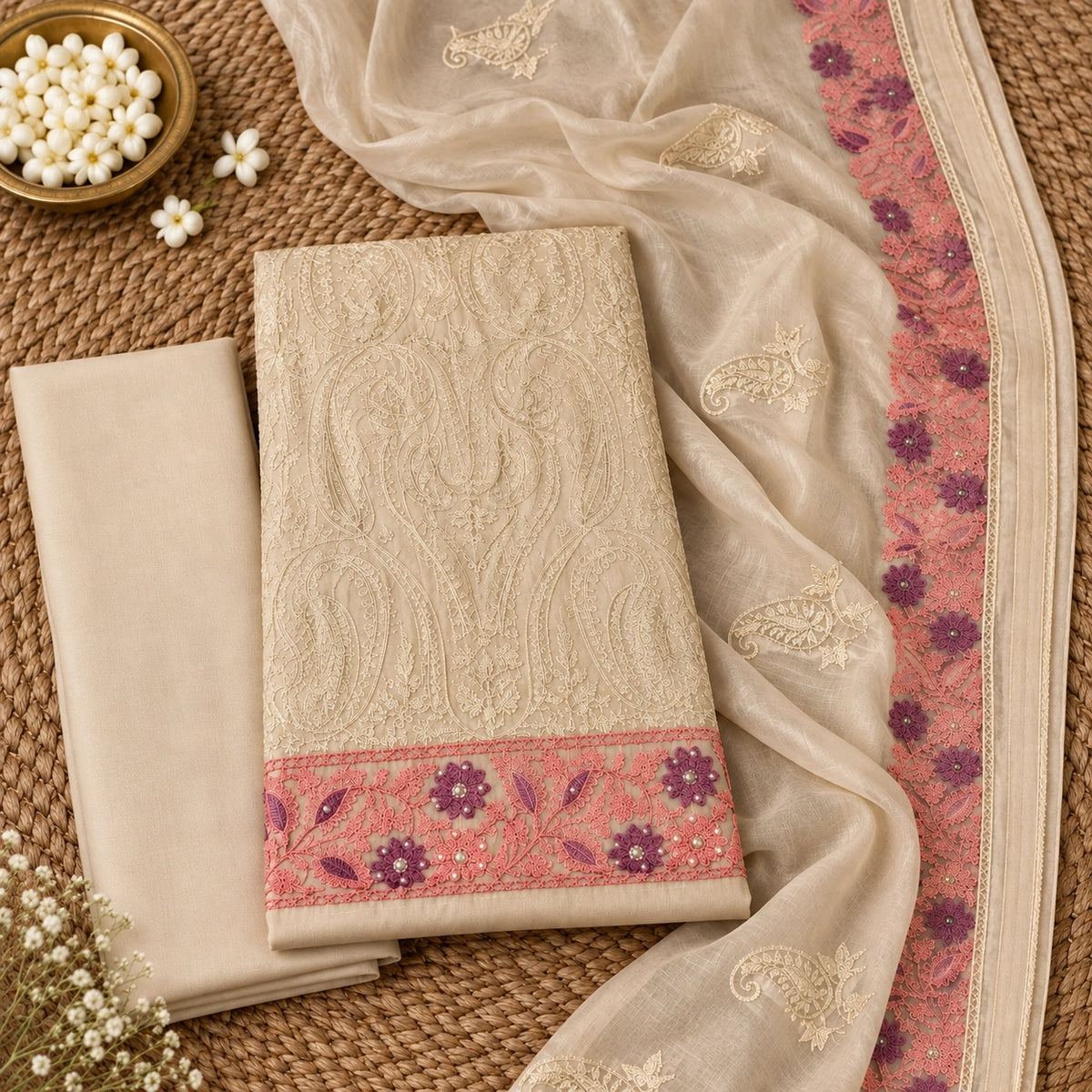 A folded beige embroidered fabric set with a pink border featuring purple floral motifs, displayed alongside a sheer cream dupatta with beige paisley embroidery and a matching floral border, arranged on a woven mat with decorative props.