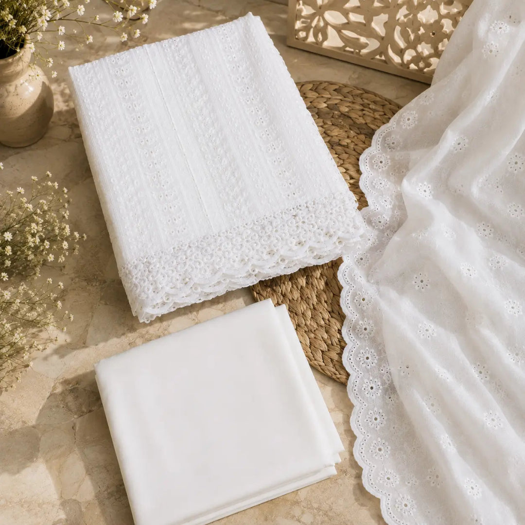 Premium white Chikankari suit set featuring detailed embroidery and elegant scalloped border dupatta