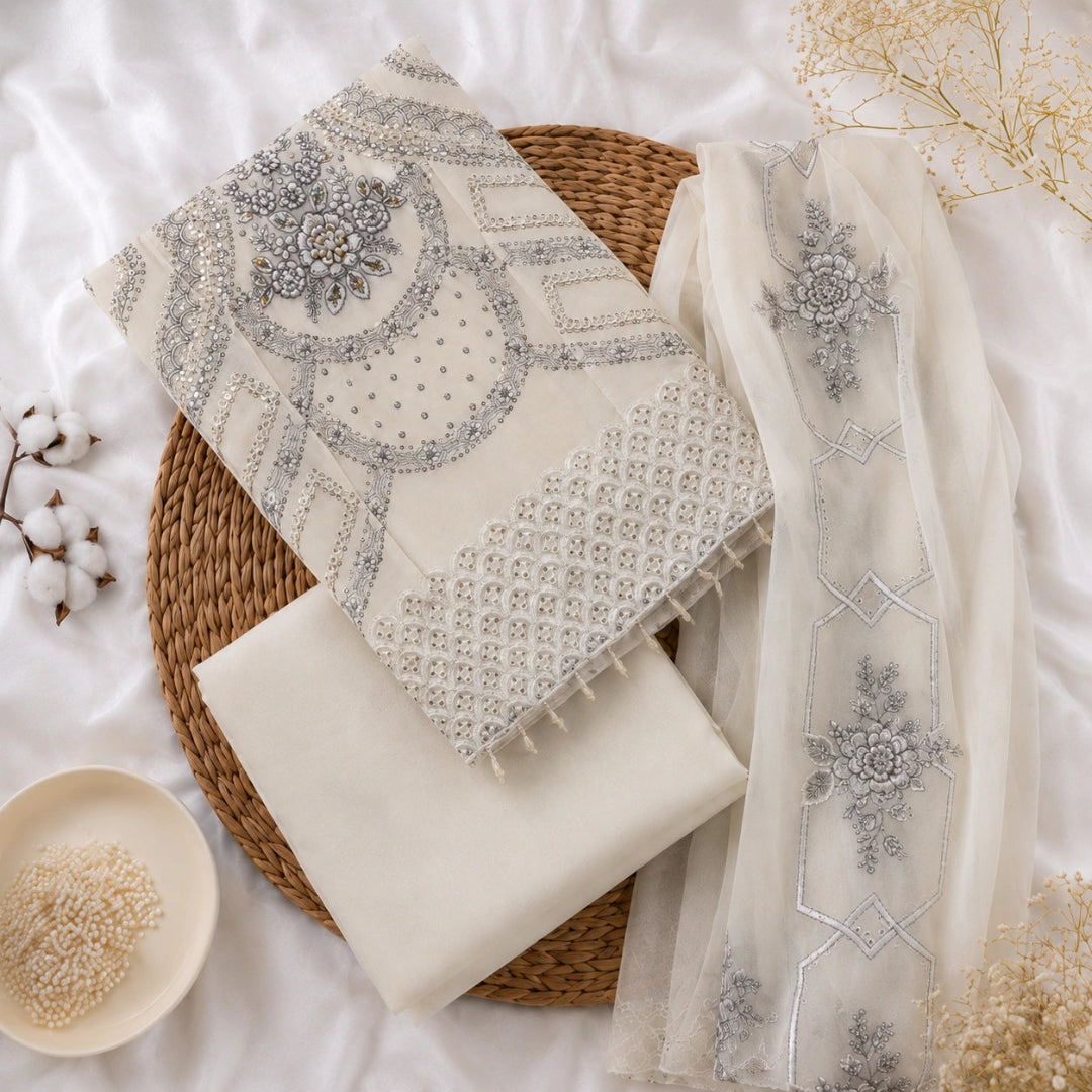 An off-white and silver embroidered fabric set arranged on a woven round mat over white draped fabric. The set includes a patterned embroidered cloth, a folded solid off-white cloth, and a sheer off-white embroidered scarf with silver floral and geometric motifs.