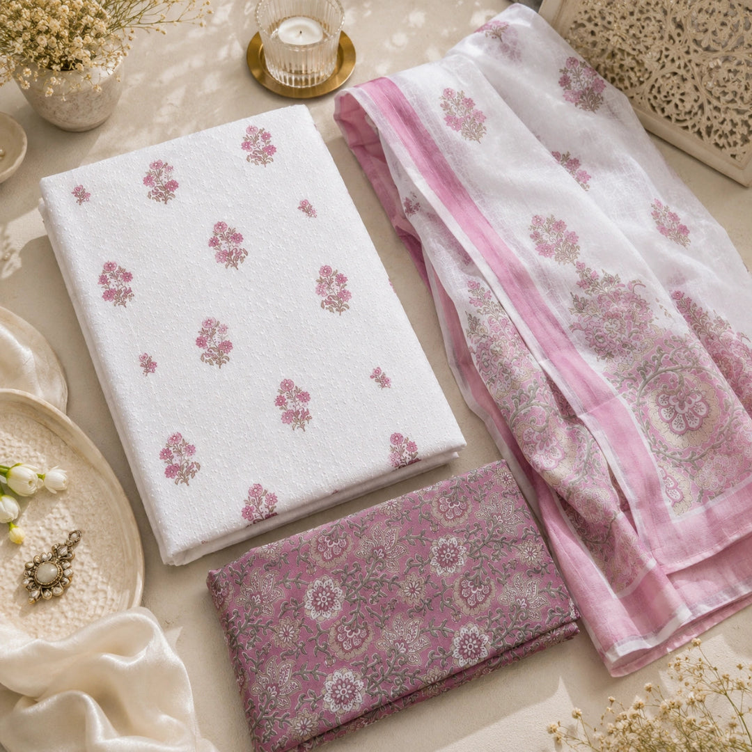 Cotton suit fabric with delicate pink floral prints, lightweight floral dupatta and coordinated dusty pink bottom fabric