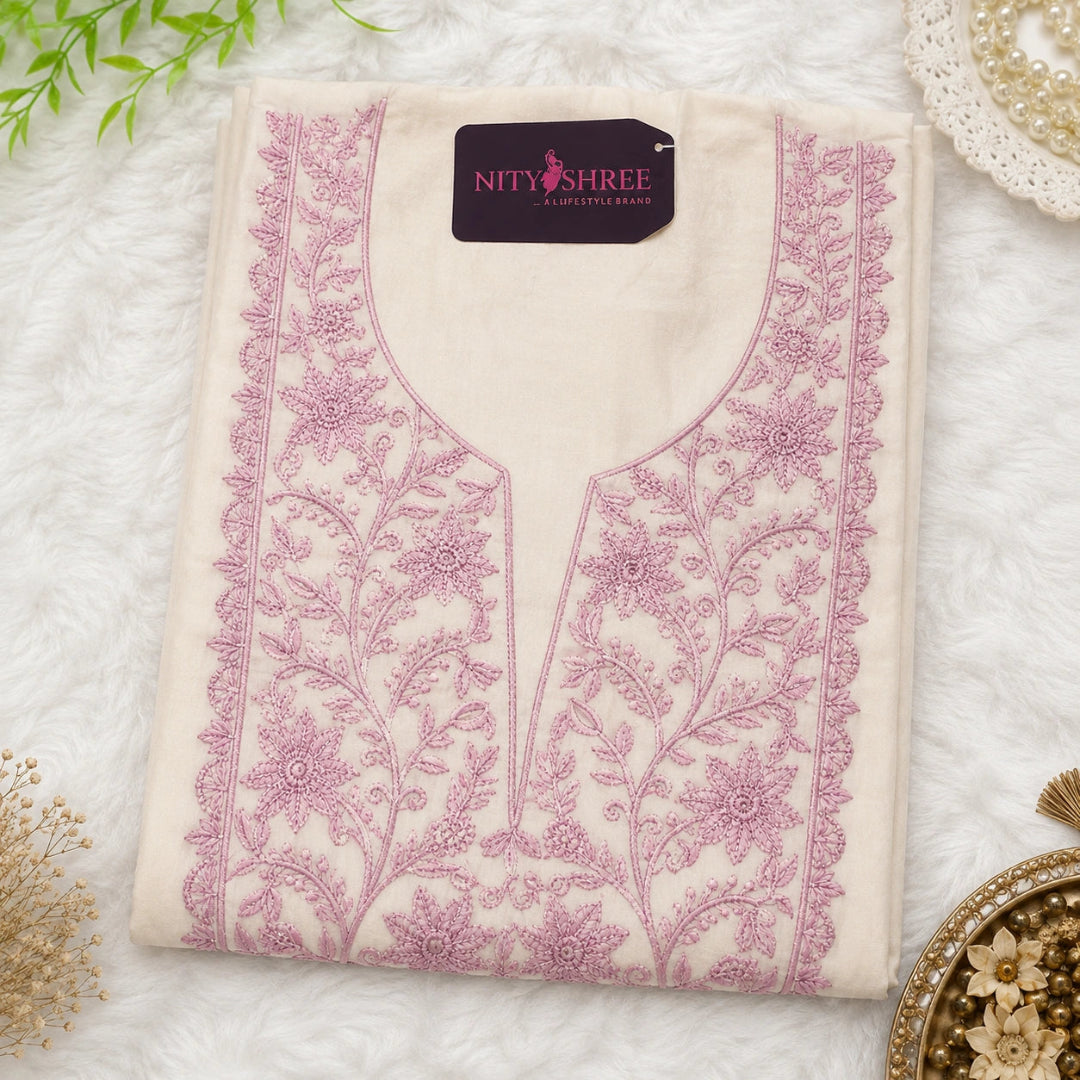 Pink floral modal silk unstitched suit material with embroidery and dupatta, premium ethnic wear