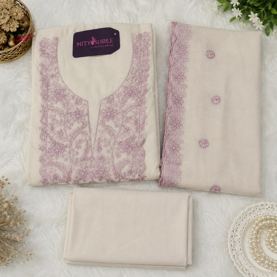 Pink floral thread embroidered modal silk suit set with dupatta, premium unstitched suit fabric for women by Nityashree