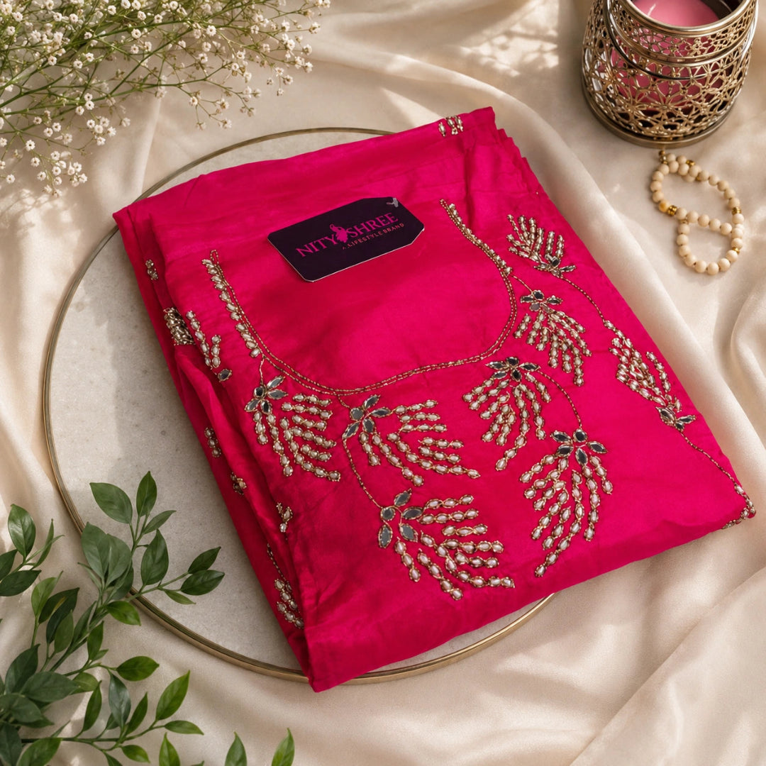 Designer fuchsia pink organza silk suit set with botanical embroidery, scattered motifs