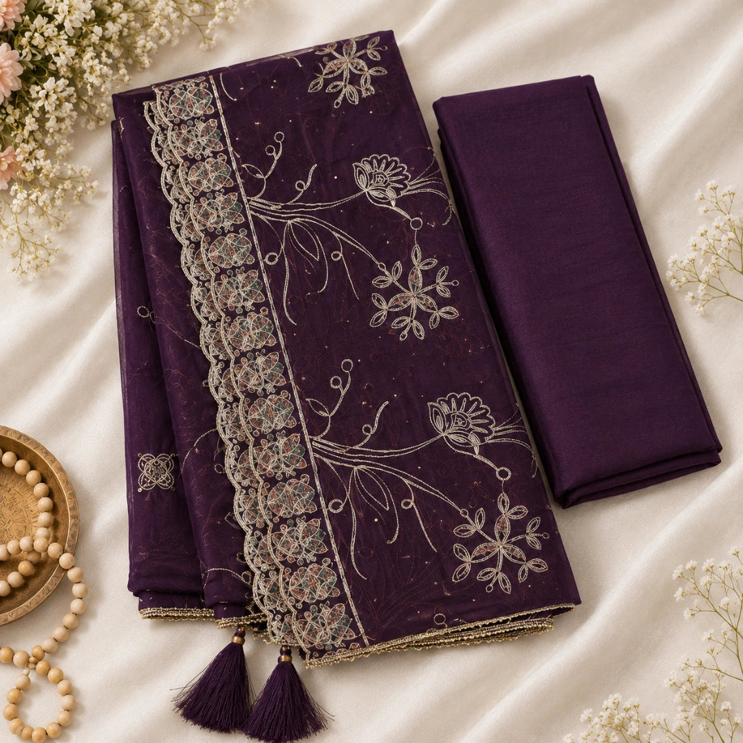 Premium purple suit set with intricate floral embroidery, embroidered dupatta and matching bottom fabric for women