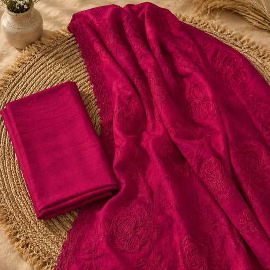 Magenta pink pure organza suit set with floral thread embroidery, matching floral dupatta, premium unstitched suit fabric for women