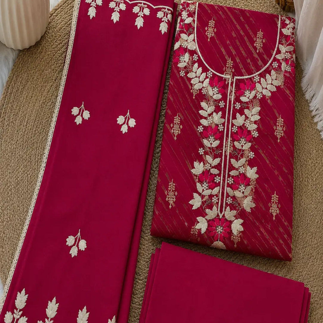 Rani pink floral embroidered cotton suit fabric for women with dupatta, latest suit design, unstitched suit material, ethnic wear by Nityashree