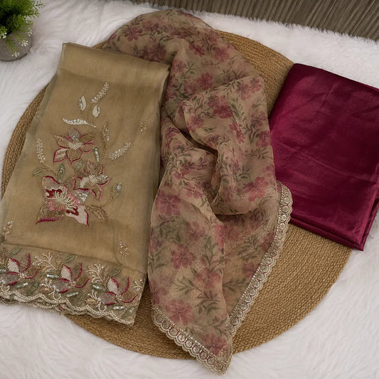 Raspberry pink double tone glass shimmer organza suit set with designer dupatta, elegant ethnic wear