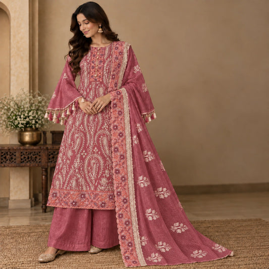 Rose maroon embroidered suit set with intricate paisley embroidery, pearl embellished contrast neck and premium festive wear fabric