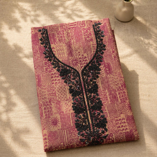 Mauve rose cotton suit fabric with floral print, elegant studded detailing and contemporary ethnic wear styling