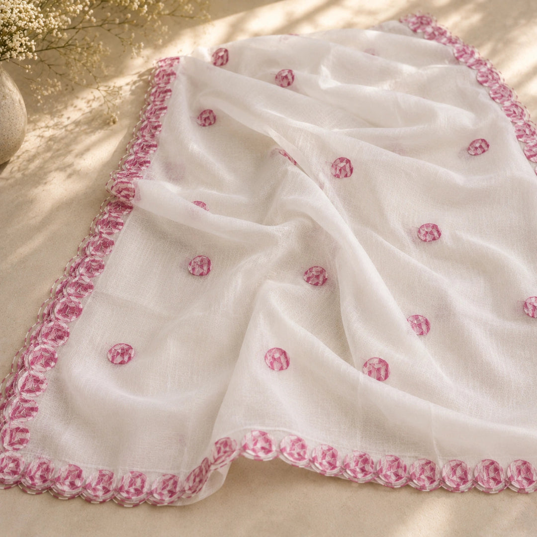 pink floral embroidery, embroidered dupatta, floral border detailing