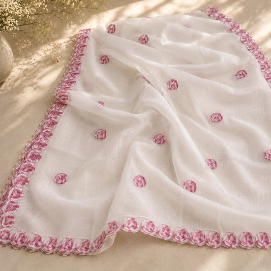 pink floral embroidery, embroidered dupatta, floral border detailing