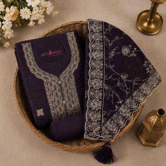 Royal amethyst purple suit set with detailed embroidered front panel, colourful neckline and floral dupatta