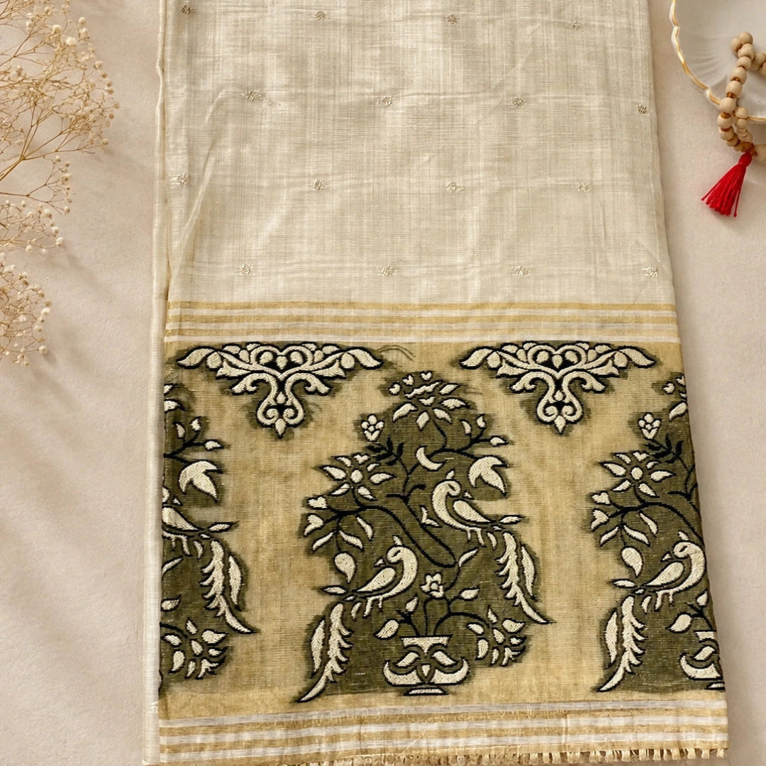 Royal cream Jamdaani suit set with subtle golden motifs, floral woven border and matching bottom fabric