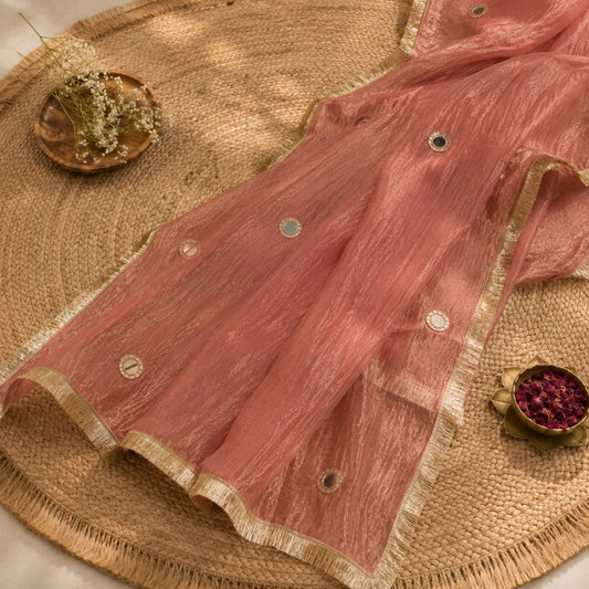 Dusty rose unstitched suit set with mirror work detailing, shimmery dupatta and festive ethnic styling