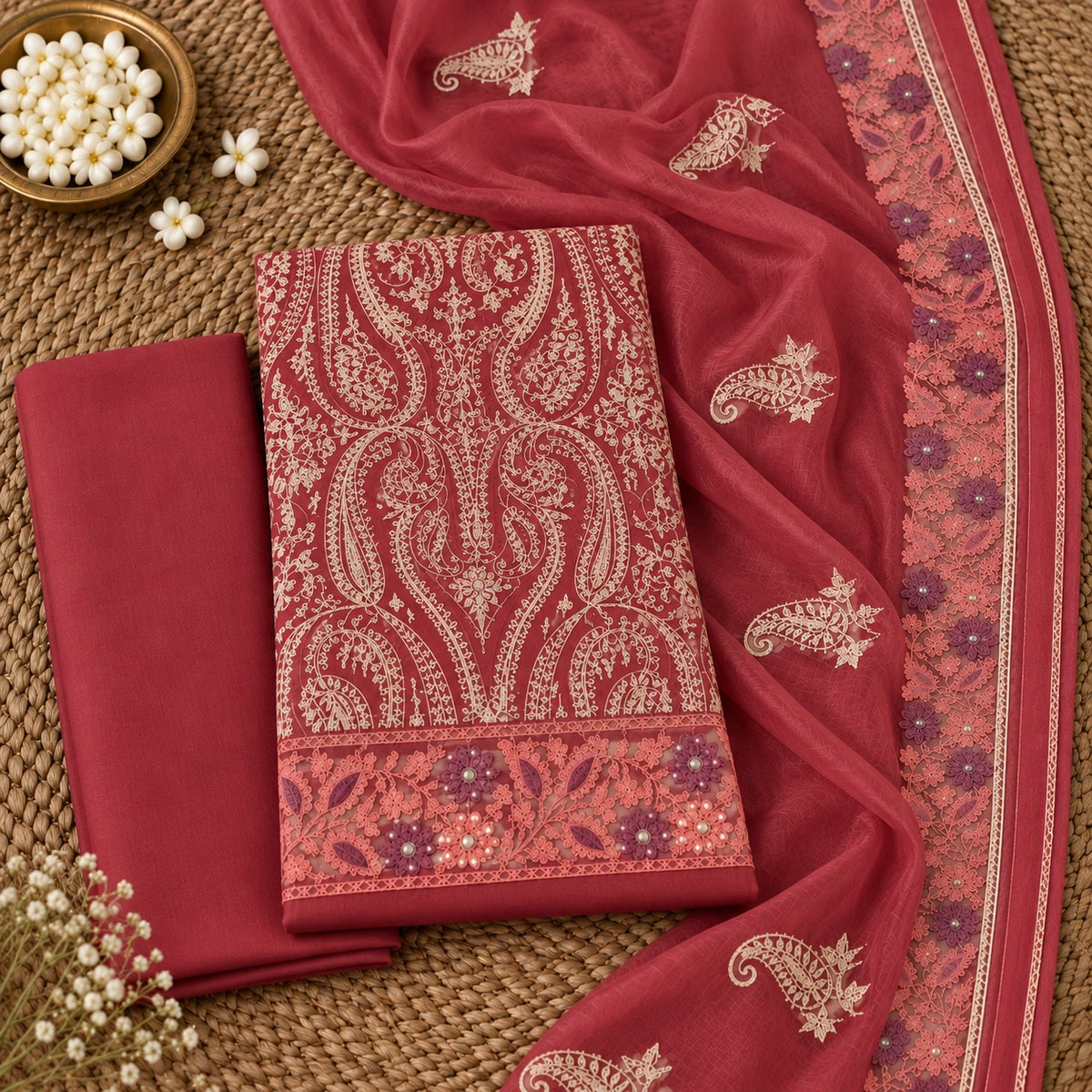 A folded and draped red georgette salwar suit set with intricate beige paisley and floral zari embroidery, displayed on a woven straw mat with decorative white flowers.