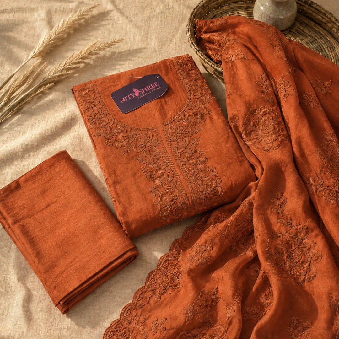 Rust orange floral thread embroidered pure organza suit set with elegant dupatta, premium ethnic wear suit fabric for women
