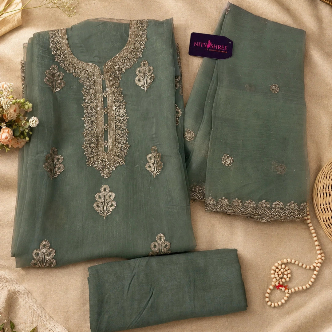 Sage green embroidered chiffon dress material set for ethnic wear and festive occasions