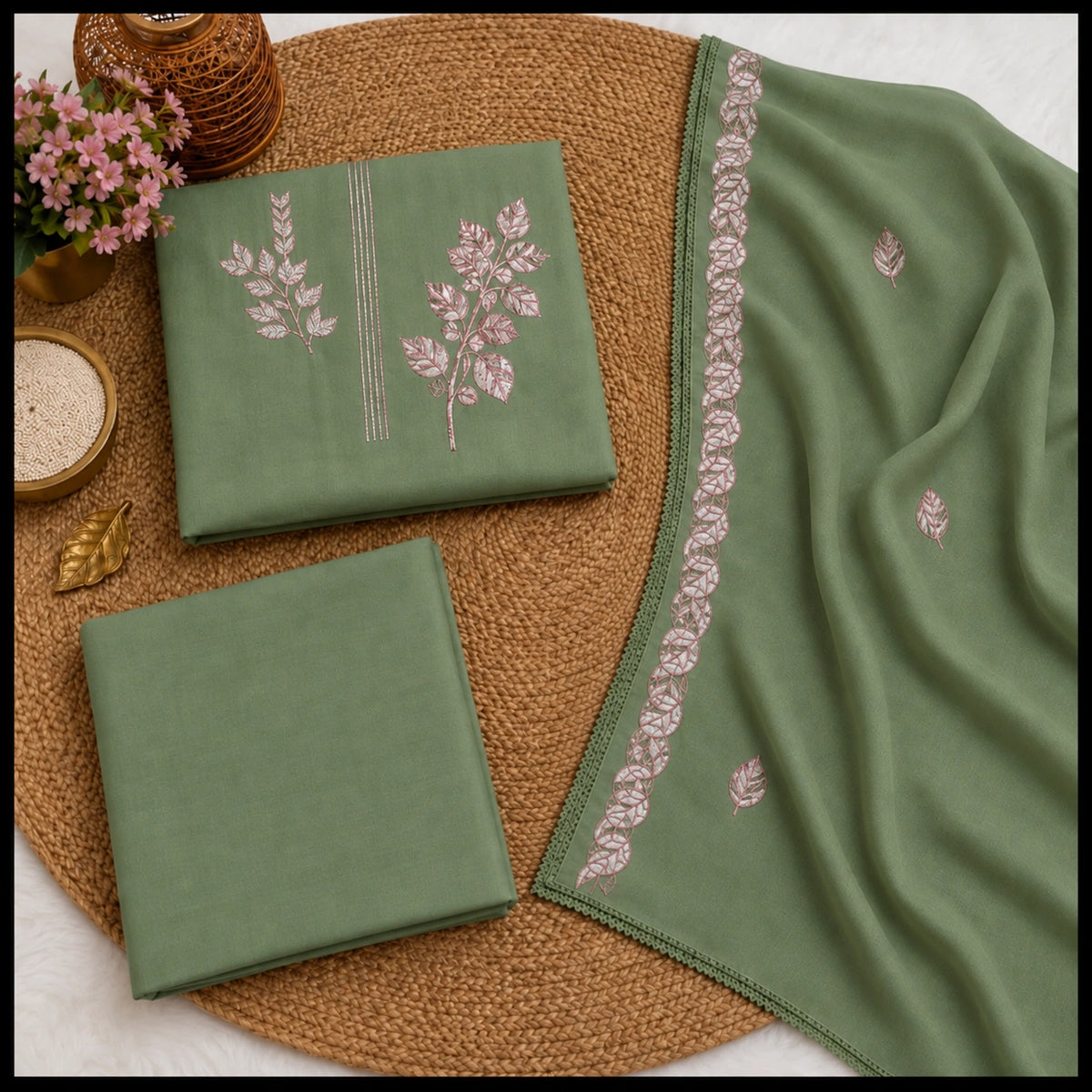 Sage green embroidered suit fabric with delicate leaf embroidery, lace detailing and designer embroidered dupatta