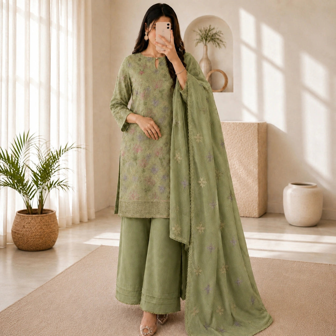 Sage green Jam cotton suit set with multicolor floral embroidery, matching dupatta and premium unstitched suit material by Nityashree