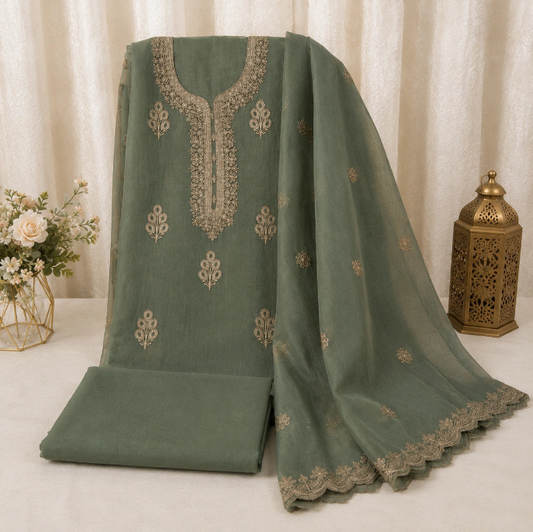 Sage green crushed chiffon embroidered suit set with elegant dupatta and plain bottom for women