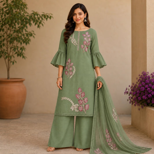 Sage green floral embroidered suit set with botanical leaf motifs, embroidered dupatta and premium ethnic wear fabric for women by Nityashree