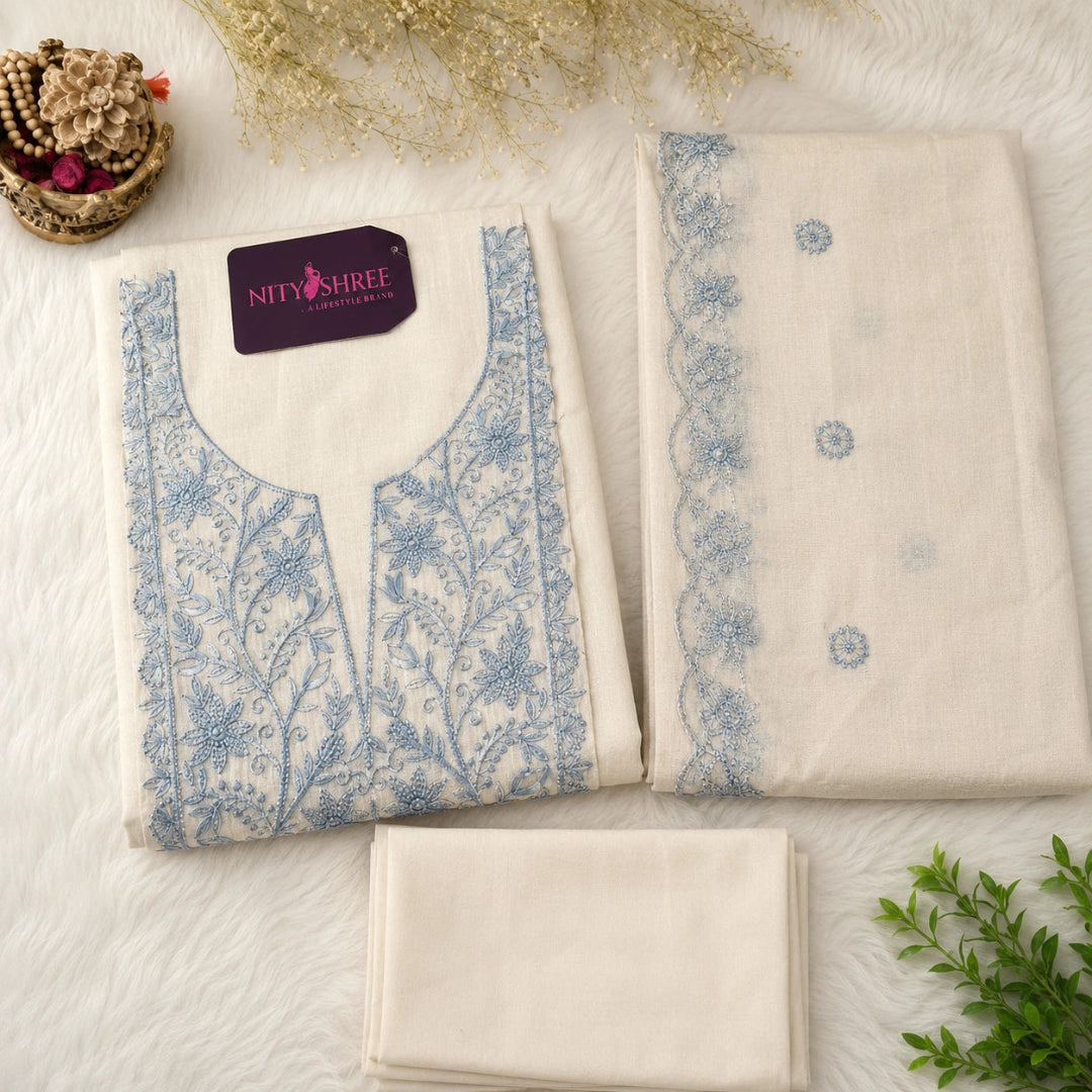 Sky blue embroidered modal silk suit fabric set with designer dupatta, latest suit design for women