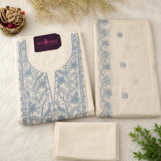 Sky blue embroidered modal silk suit fabric set with designer dupatta, latest suit design for women