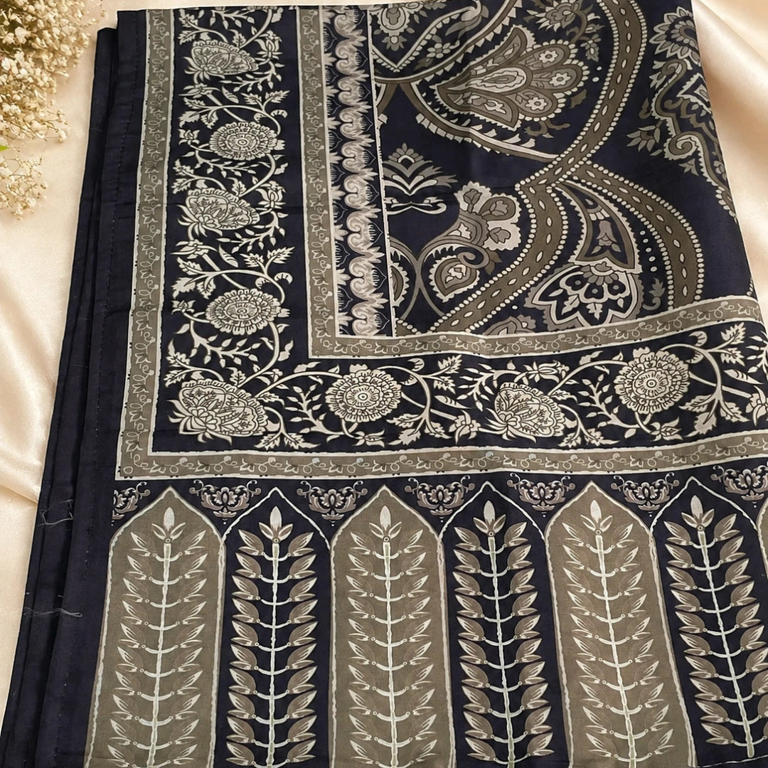 Slate blue thread embroidered cotton dress material with dupatta,