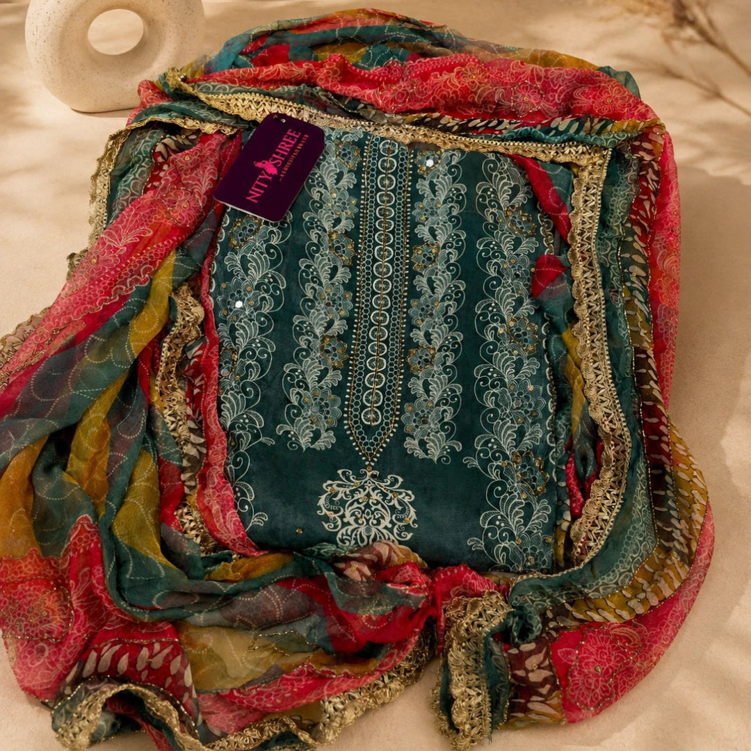 Smoky steel blue embroidered suit set with floral and paisley embroidery, multi-colored dupatta and premium unstitched suit fabric