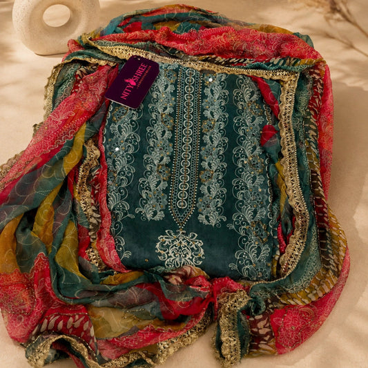 Smoky steel blue embroidered suit set with floral and paisley embroidery, multi-colored dupatta and premium unstitched suit fabric