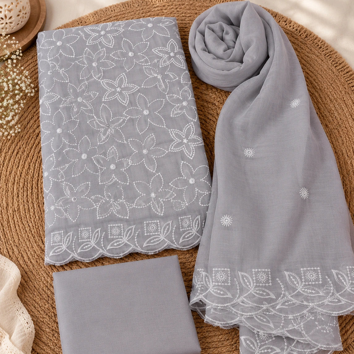 Grey modal silk thread work suit set with embroidered dupatta, premium unstitched suit fabric for women, ethnic wear by Nityashree