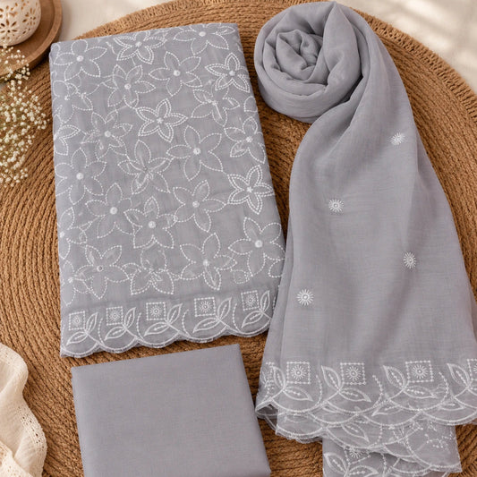 Grey modal silk thread work suit set with embroidered dupatta, premium unstitched suit fabric for women, ethnic wear by Nityashree