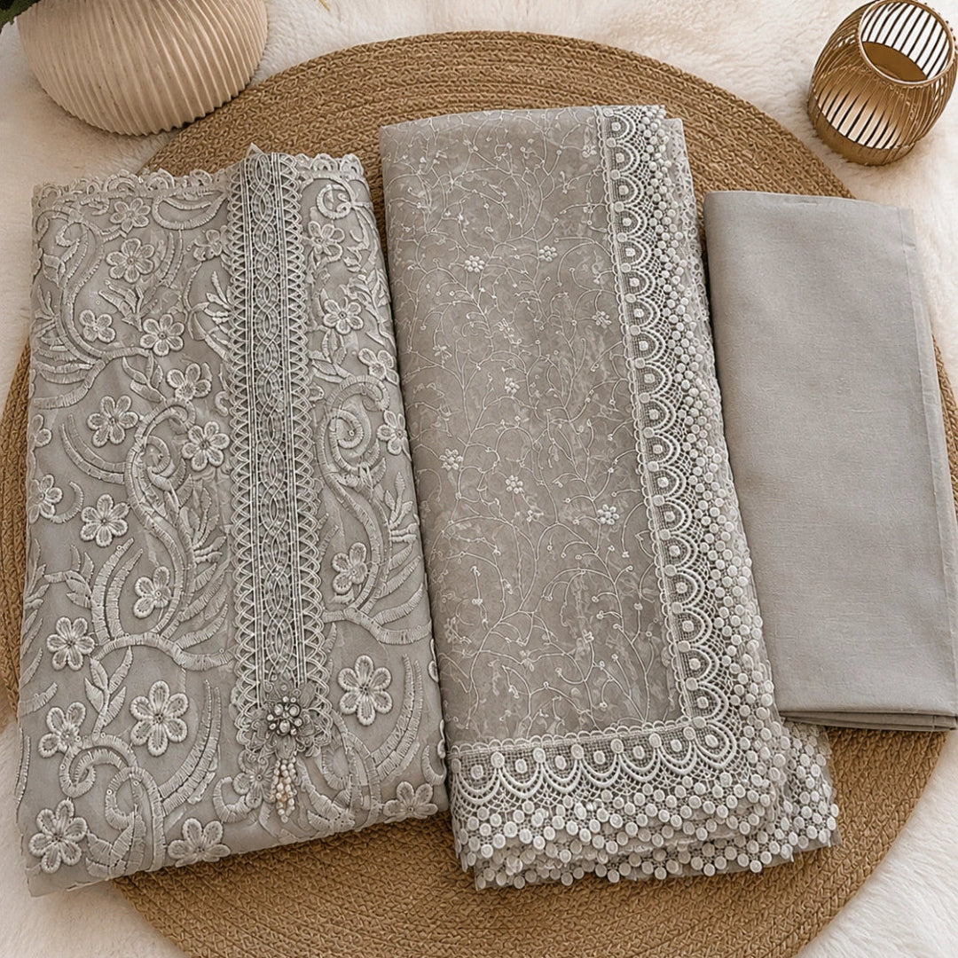 Soft grey monotone thread work unstitched suit set with embroidered dupatta, elegant ethnic wear for women