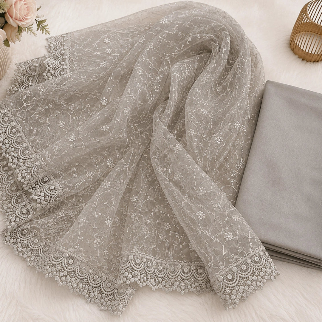 Soft grey premium embroidered suit fabric with thread work dupatta, latest suit design for women