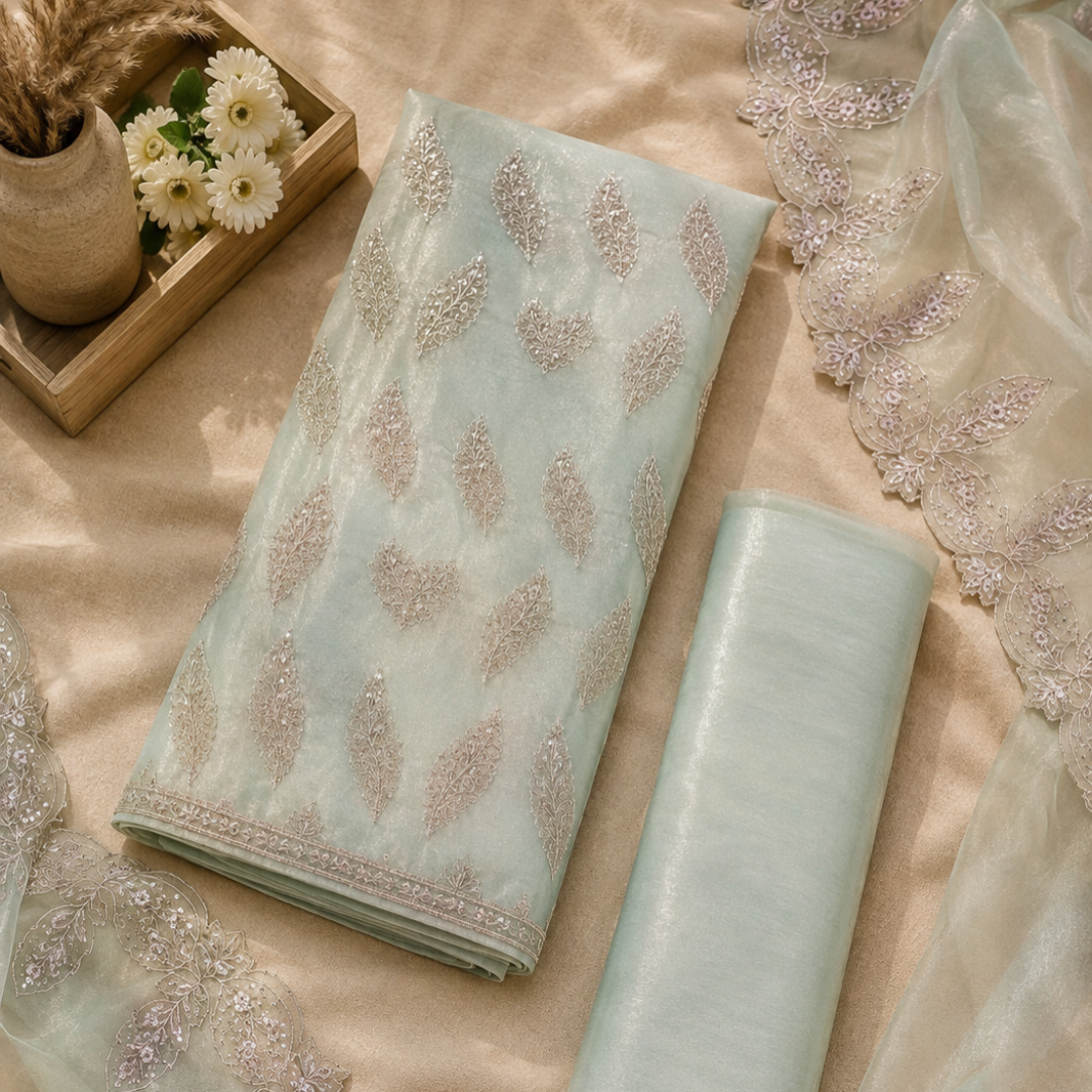 Soft mint green heavily embellished shimmer organza suit set with dupatta, premium unstitched suit fabric for women by Nityashree