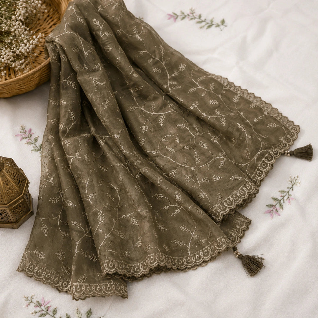 Sophisticated steel grey dupatta featuring golden bootis and floral embroidery
