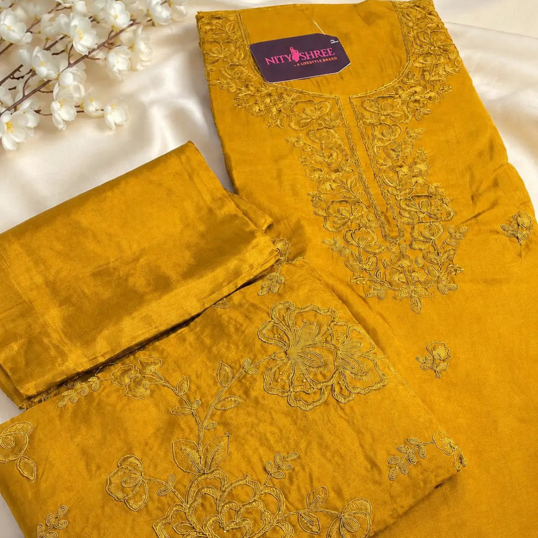 Mustard pure organza suit set with floral thread embroidery and elegant dupatta, luxury ethnic wear fabric for women